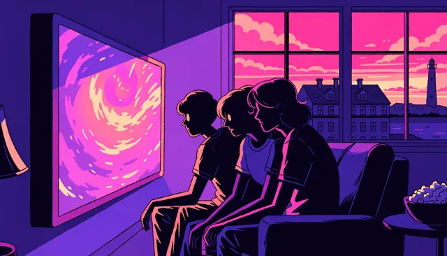 Synthwave illustration: people watching a TV in a Vice City-coloured living room