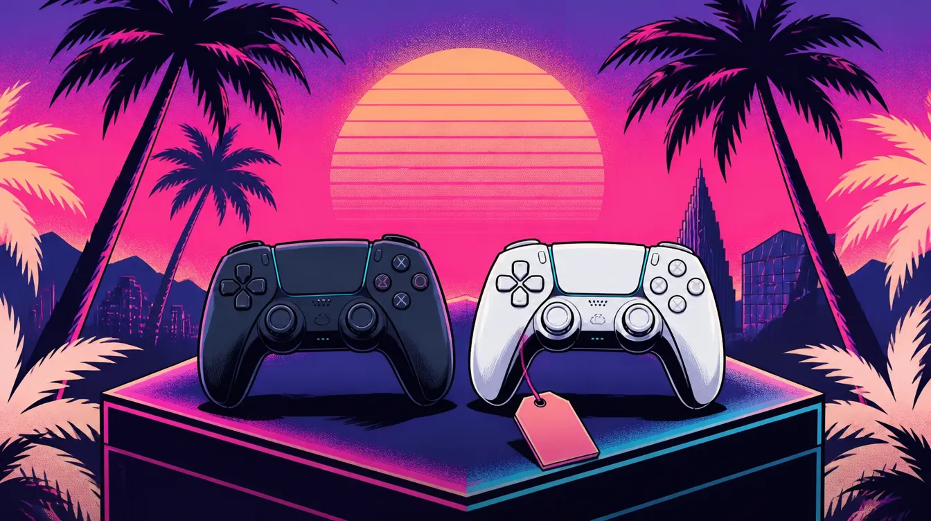 Synthwave illustration: two wireless game controllers, black and white, on a glowing plinth with a price tag