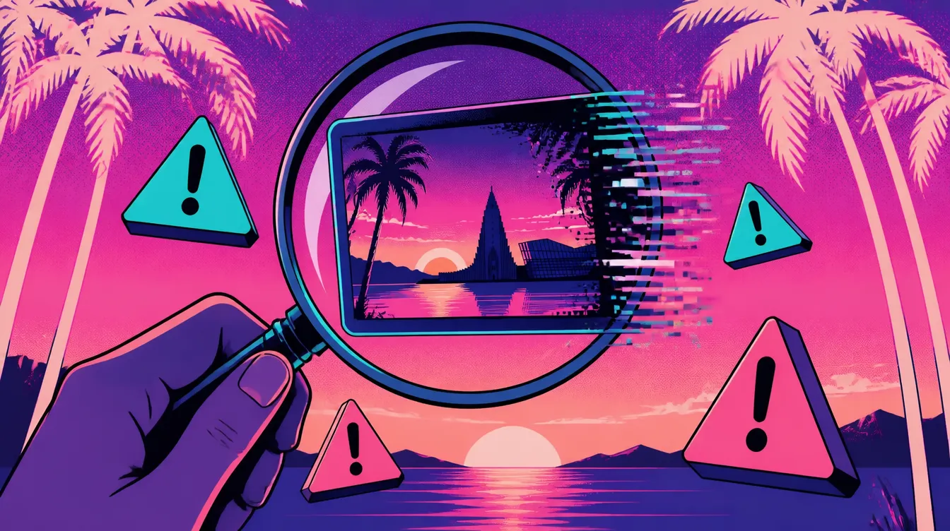 Synthwave illustration: a magnifying glass over a glitching video frame with warning signs