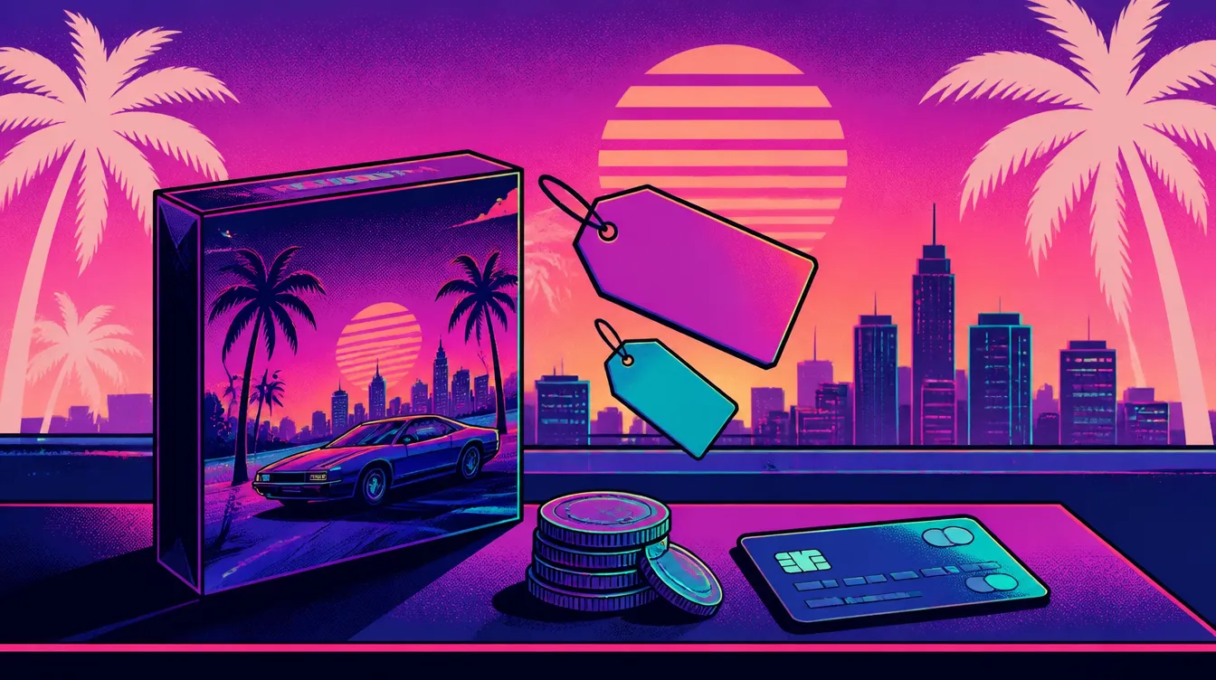 Synthwave illustration: a game box, coins and a payment card on a neon-lit counter