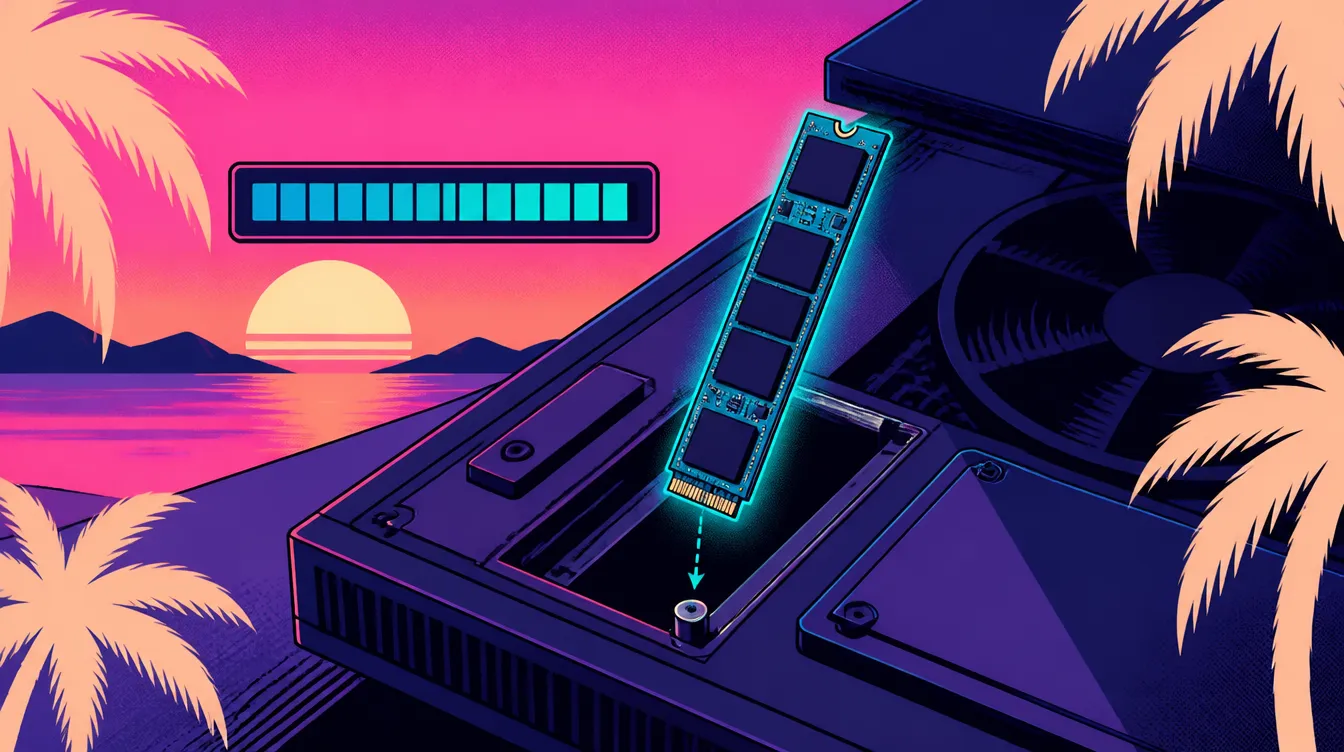 Synthwave illustration: an M.2 drive being slotted into a console beside an almost full storage bar