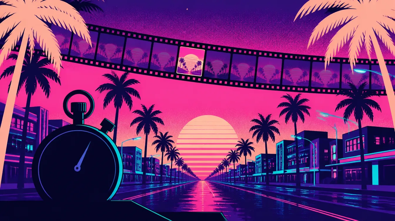 Synthwave illustration: a film strip of thirty frames curving over a neon boulevard, a stopwatch in the foreground