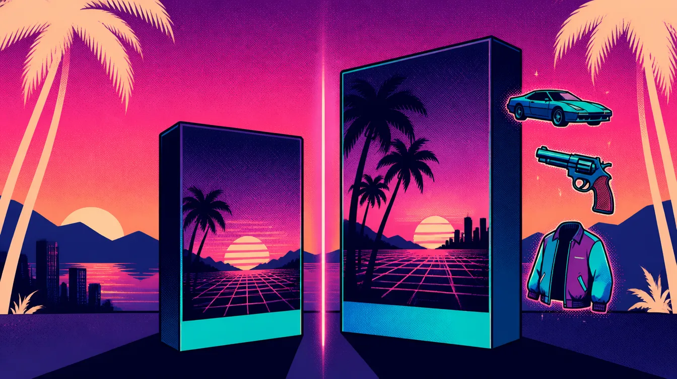 Synthwave illustration: two game boxes side by side, the right one surrounded by bonus icons