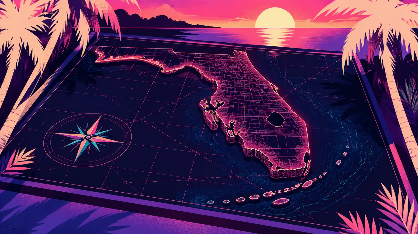 Synthwave illustration: a peninsula-shaped map with southern keys drawn as glowing contour lines