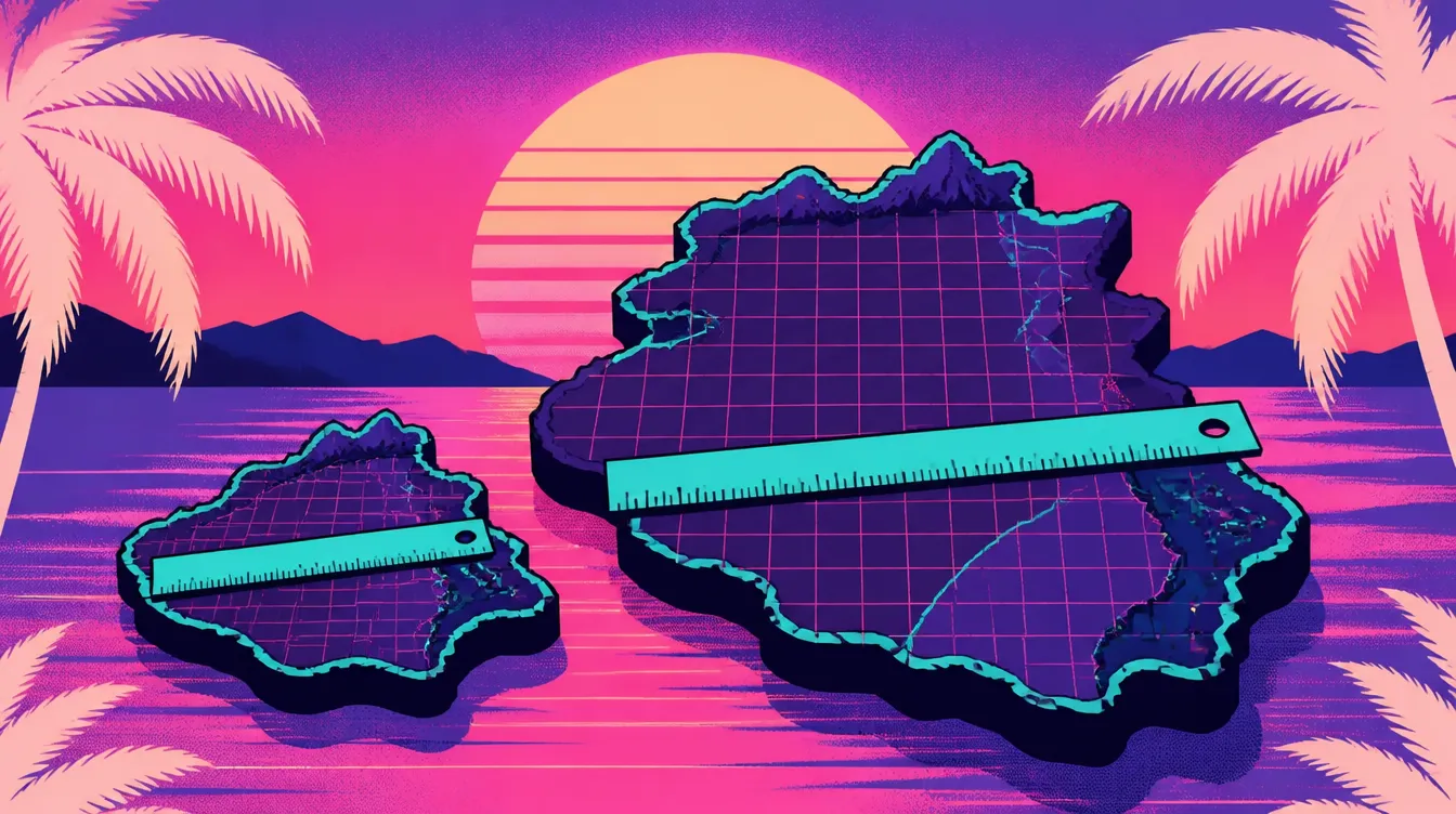 Synthwave illustration: two island maps side by side, the right one much larger